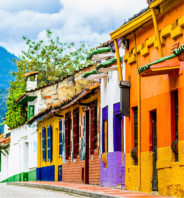 vibrantly coloured buildings on a street with a tree in the background