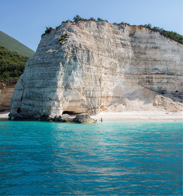 vibrant blue waters next to a coastal cliff face, with white sand at the bottom