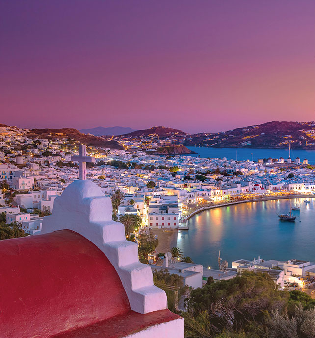 purple sky at dusk, with a church on a hill overlooking the bay of Mykonos